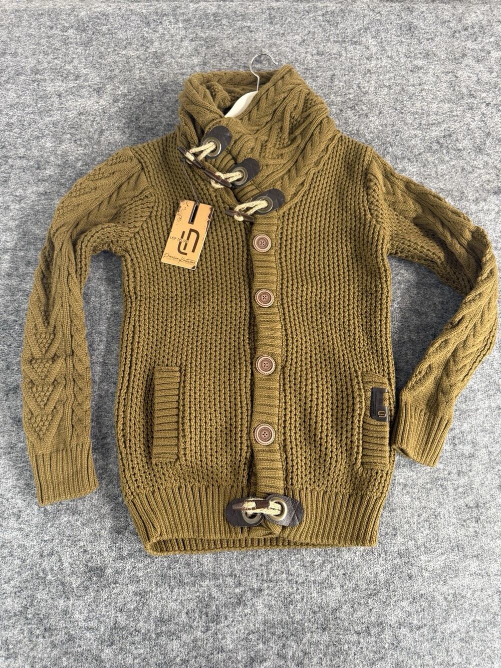 Leif Nelson Sweater Men Medium Cable Knit Toggles Cardigan Camel Shawl Neck N144